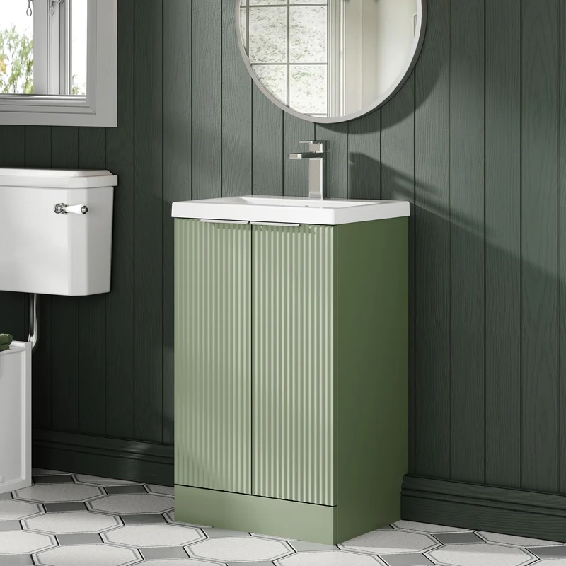 Hudson Reed Fluted Floor Standing 500mm Vanity Unit & Ceramic Basin - Satin Green