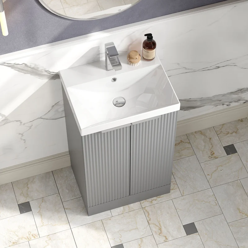 Hudson Reed Fluted Floor Standing 500mm Vanity Unit & Ceramic Basin - Satin Grey