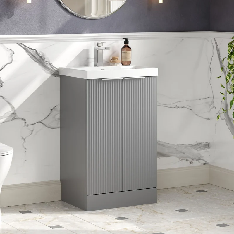 Hudson Reed Fluted Floor Standing 500mm Vanity Unit & Ceramic Basin - Satin Grey
