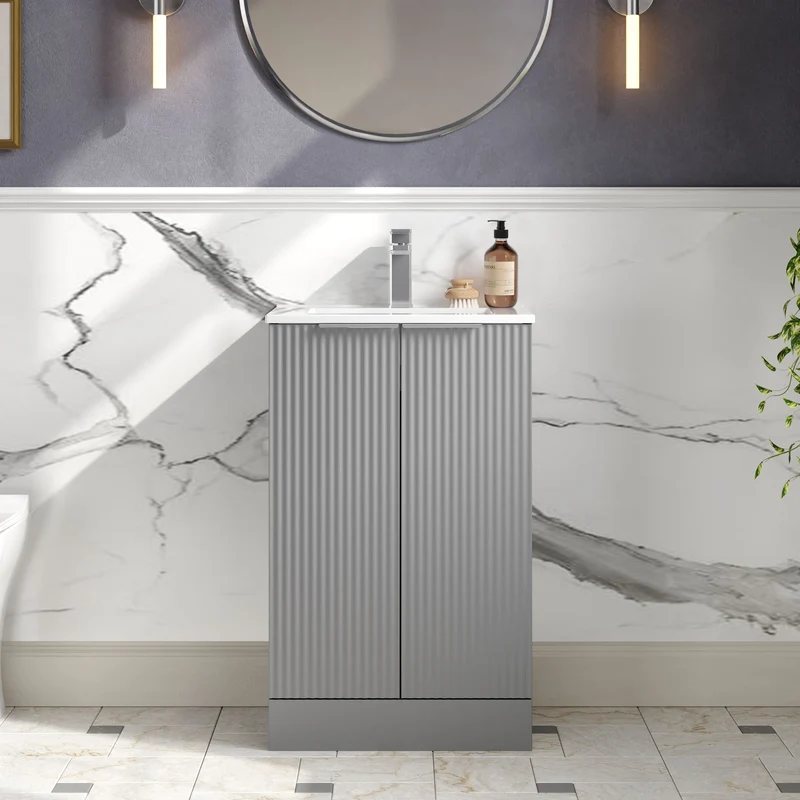 Hudson Reed Fluted Floor Standing 500mm Vanity Unit & Ceramic Basin - Satin Grey