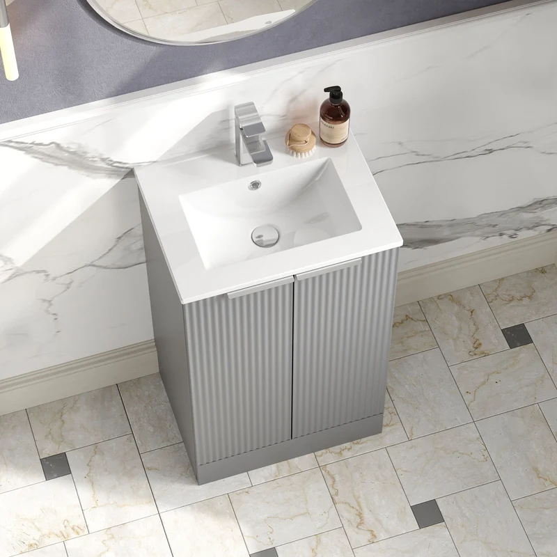 Hudson Reed Fluted Floor Standing 500mm Vanity Unit & Ceramic Basin - Satin Grey