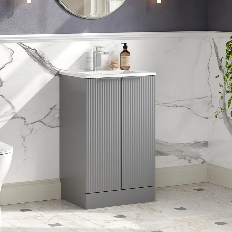 Hudson Reed Fluted Floor Standing 500mm Vanity Unit & Ceramic Basin - Satin Grey