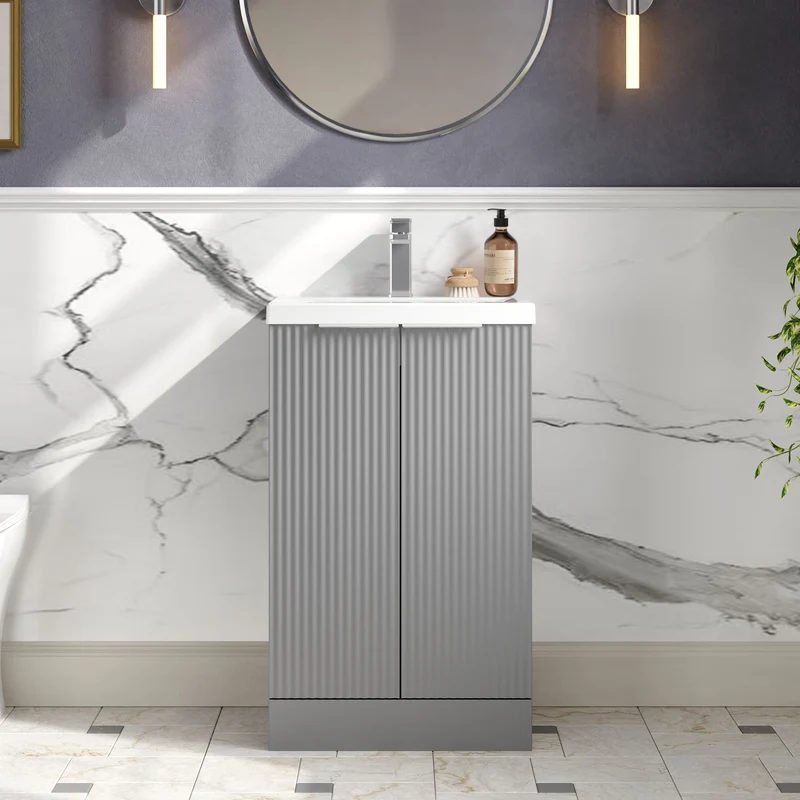 Hudson Reed Fluted Floor Standing 500mm Vanity Unit & Ceramic Basin - Satin Grey