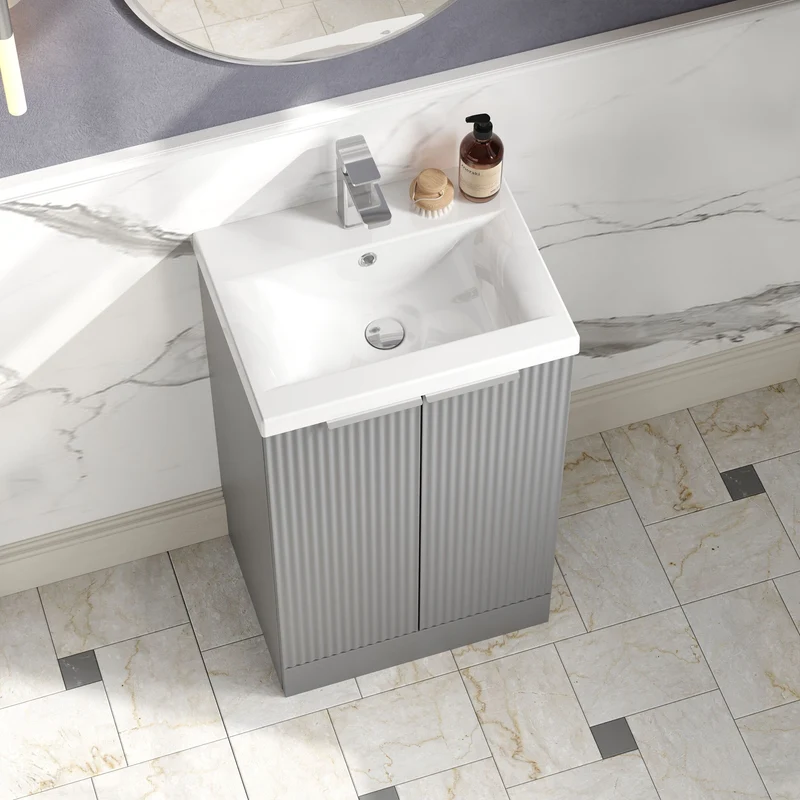 Hudson Reed Fluted Floor Standing 500mm Vanity Unit & Ceramic Basin - Satin Grey
