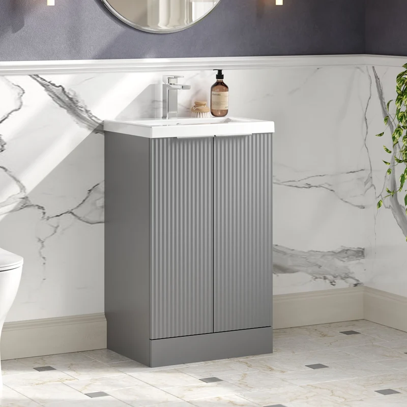 Hudson Reed Fluted Floor Standing 500mm Vanity Unit & Ceramic Basin - Satin Grey