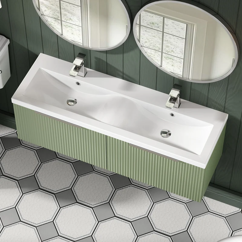 Hudson Reed Fluted Wall Hung 1200mm Vanity Unit With 2 Drawers & Twin Basin - Satin Green