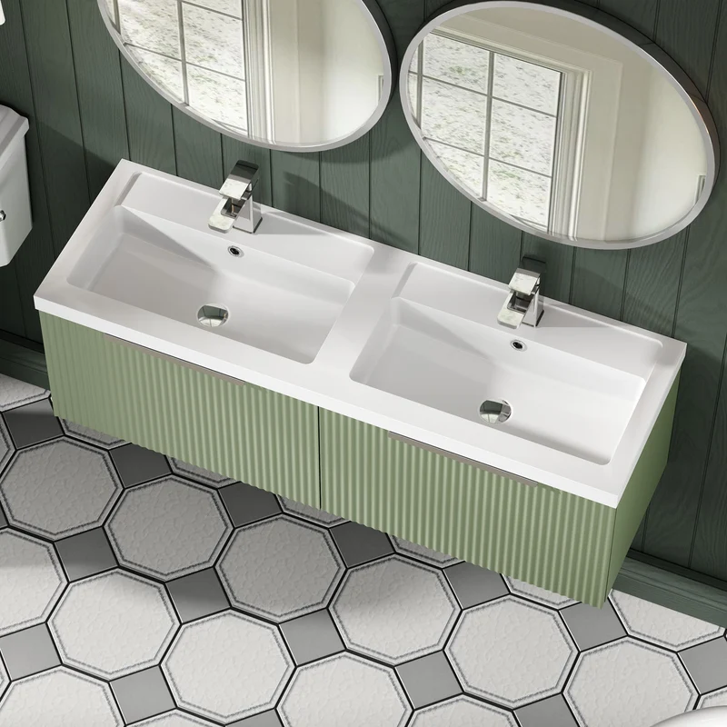 Hudson Reed Fluted Wall Hung 1200mm Vanity Unit With 2 Drawers & Twin Basin - Satin Green