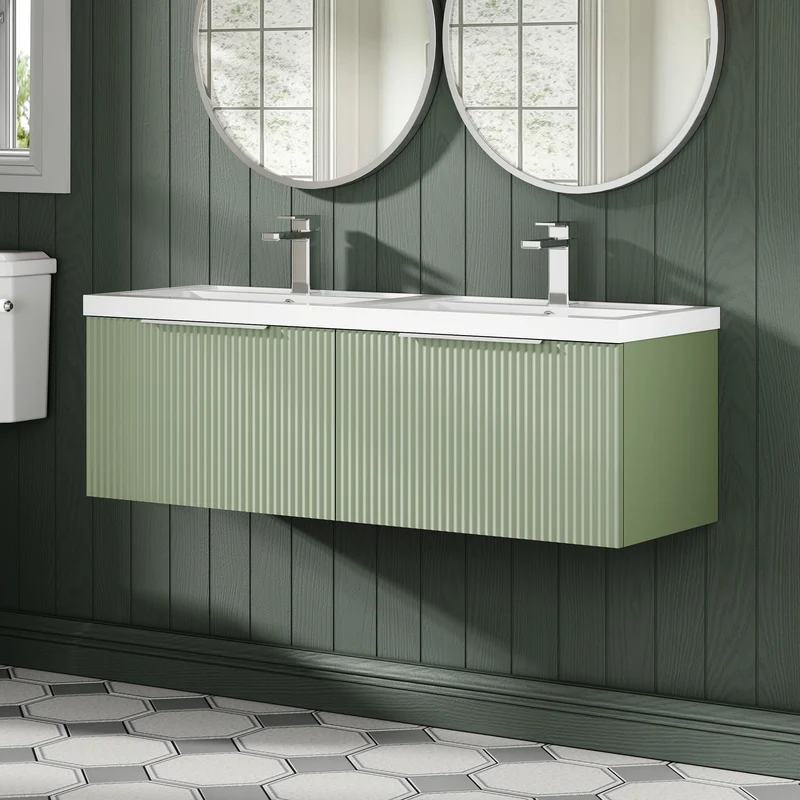 Hudson Reed Fluted Wall Hung 1200mm Vanity Unit With 2 Drawers & Twin Basin - Satin Green