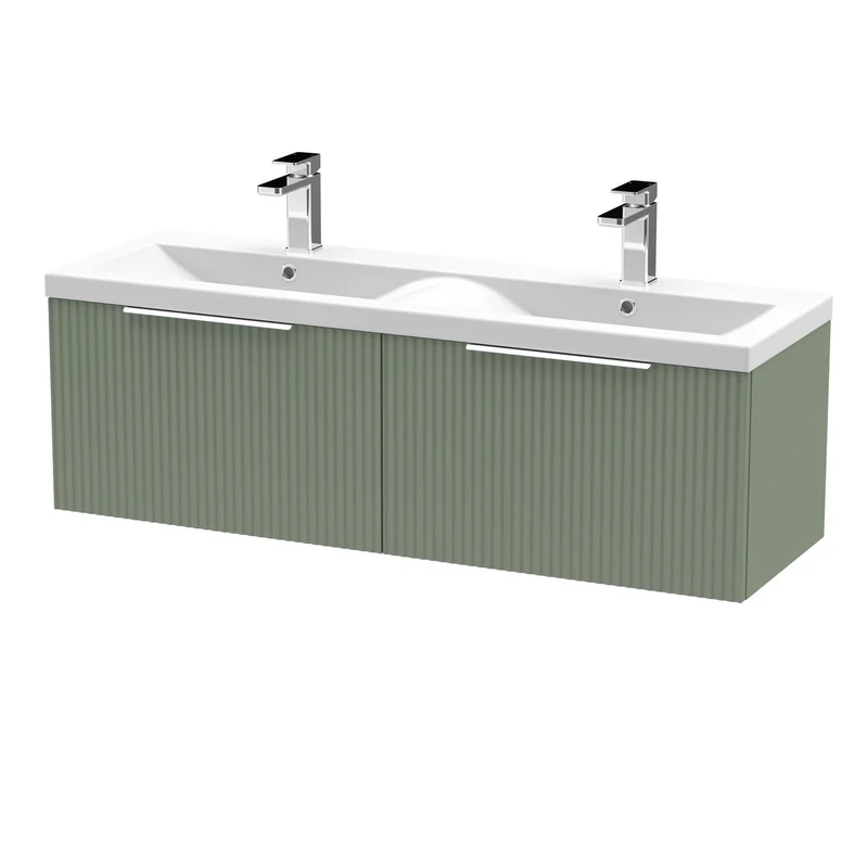 Hudson Reed Fluted Wall Hung 1200mm Vanity Unit With 2 Drawers & Twin Basin - Satin Green