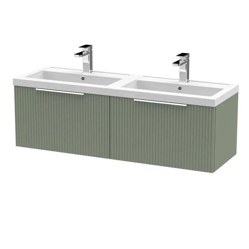 Hudson Reed Fluted Wall Hung 1200mm Vanity Unit With 2 Drawers & Twin Basin - Satin Green
