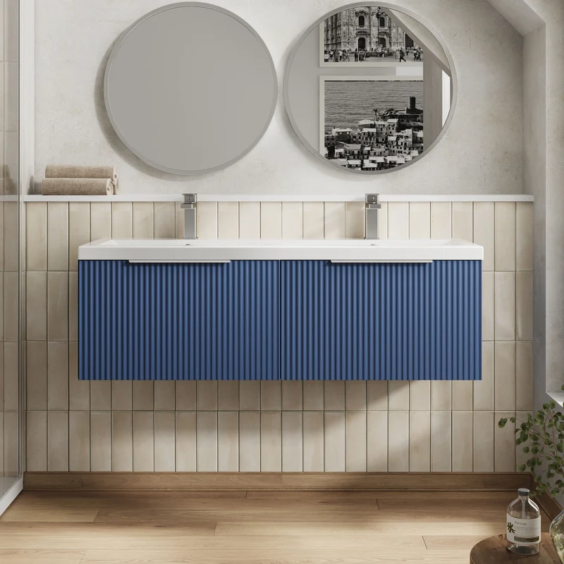 Hudson Reed Fluted Wall Hung 1200mm Vanity Unit With 2 Drawers & Twin Basin - Satin Blue