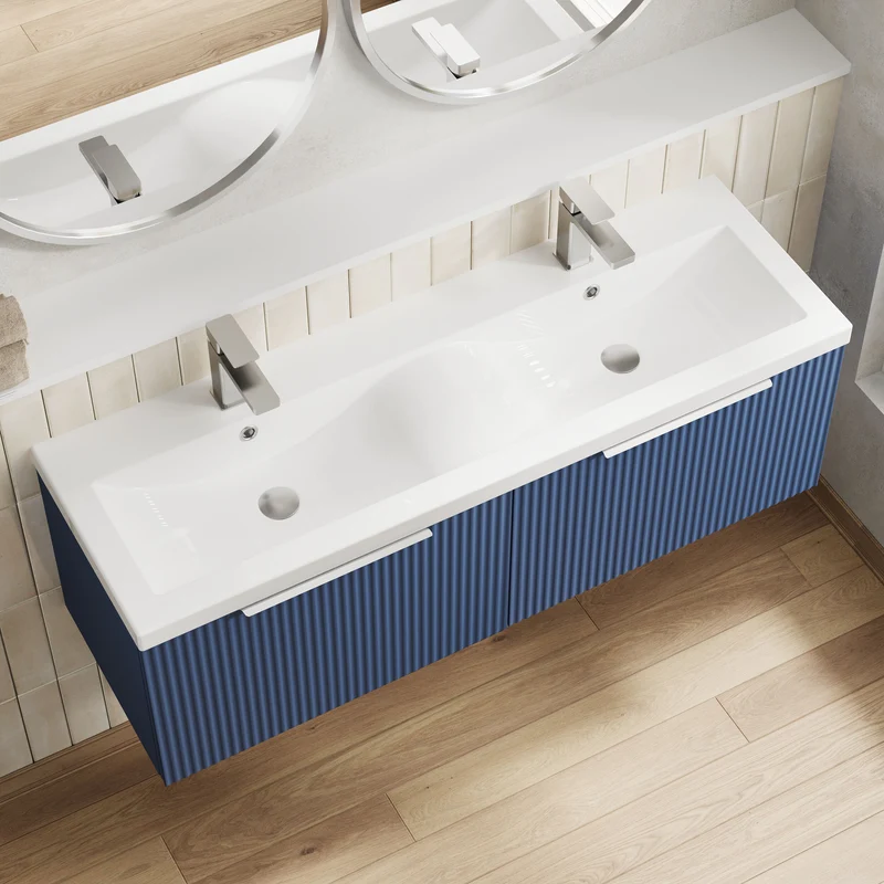 Hudson Reed Fluted Wall Hung 1200mm Vanity Unit With 2 Drawers & Twin Basin - Satin Blue