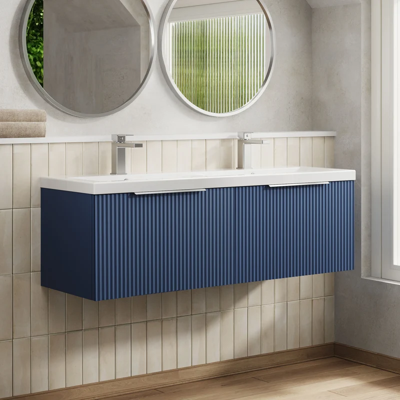 Hudson Reed Fluted Wall Hung 1200mm Vanity Unit With 2 Drawers & Twin Basin - Satin Blue