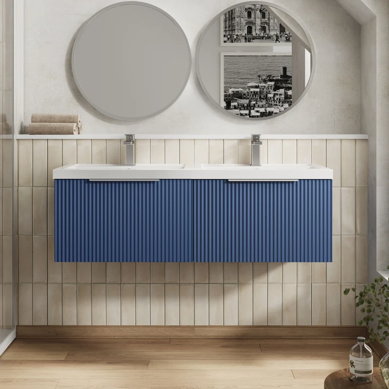 Hudson Reed Fluted Wall Hung 1200mm Vanity Unit With 2 Drawers & Twin Basin - Satin Blue