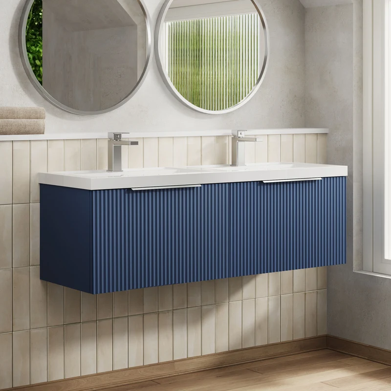 Hudson Reed Fluted Wall Hung 1200mm Vanity Unit With 2 Drawers & Twin Basin - Satin Blue