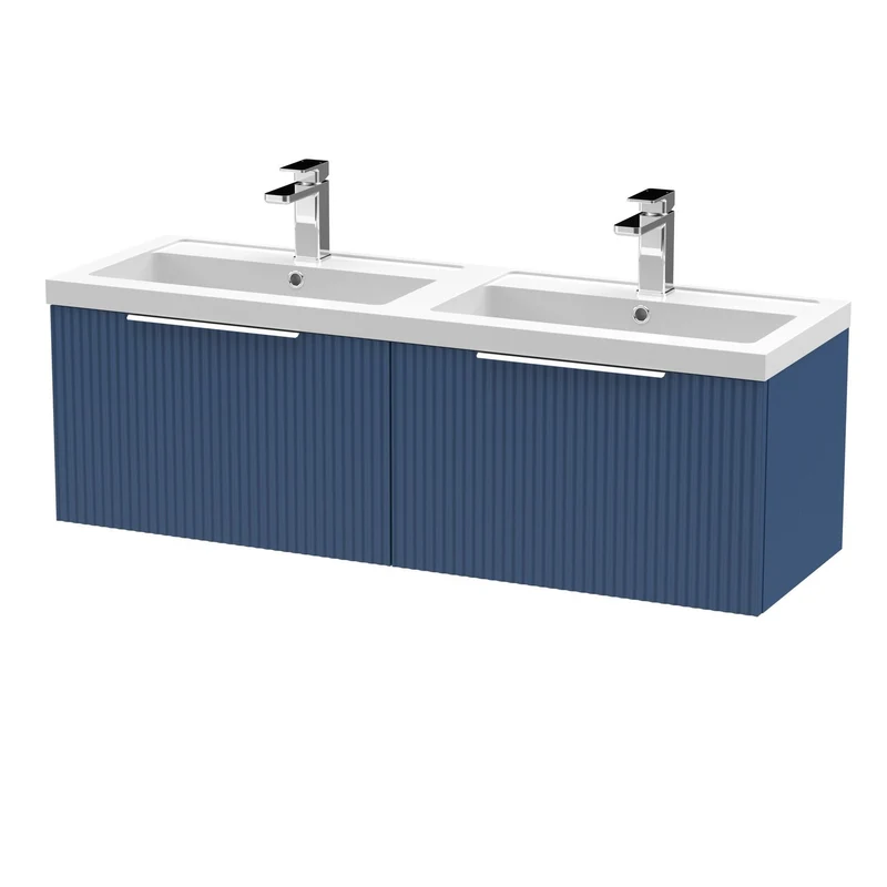 Hudson Reed Fluted Wall Hung 1200mm Vanity Unit With 2 Drawers & Twin Basin - Satin Blue