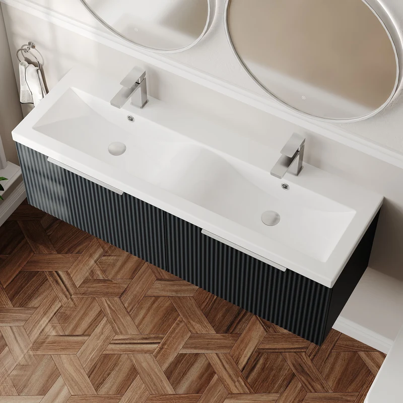 Hudson Reed Fluted Wall Hung 1200mm Vanity Unit With 2 Drawers & Twin Basin - Satin Anthracite