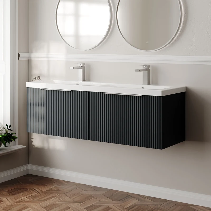 Hudson Reed Fluted Wall Hung 1200mm Vanity Unit With 2 Drawers & Twin Basin - Satin Anthracite