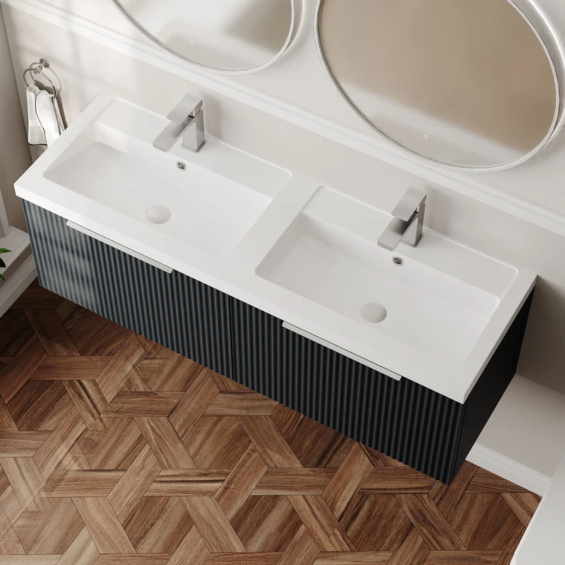 Hudson Reed Fluted Wall Hung 1200mm Vanity Unit With 2 Drawers & Twin Basin - Satin Anthracite