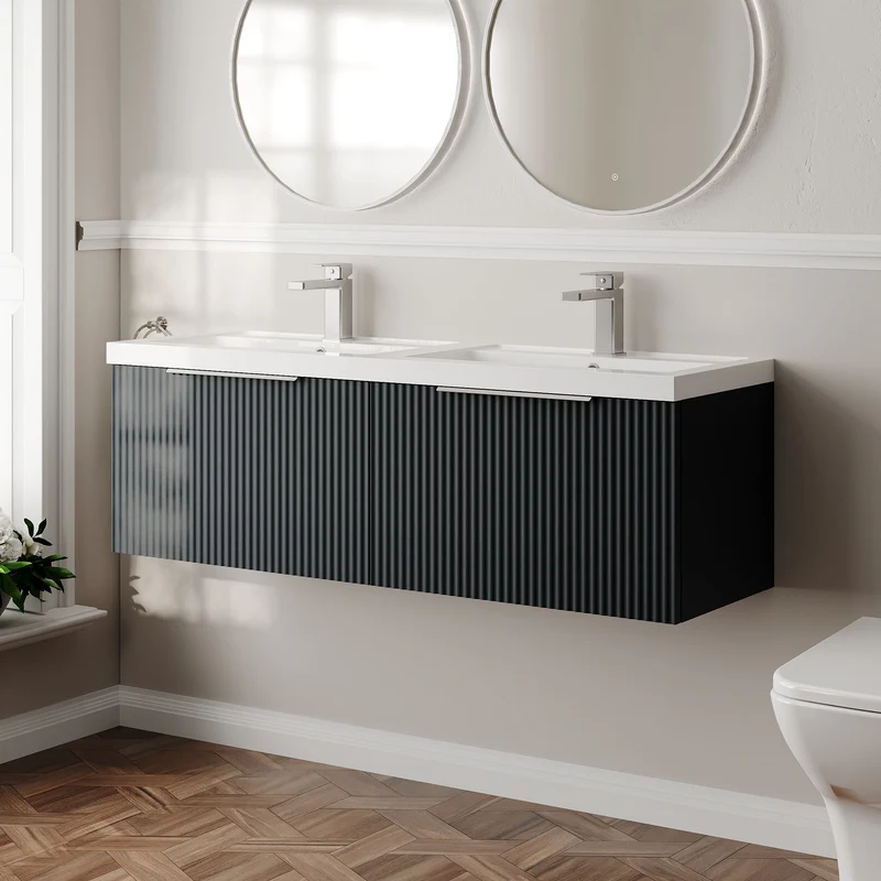 Hudson Reed Fluted Wall Hung 1200mm Vanity Unit With 2 Drawers & Twin Basin - Satin Anthracite