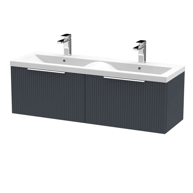 Hudson Reed Fluted Wall Hung 1200mm Vanity Unit With 2 Drawers & Twin Basin - Satin Anthracite