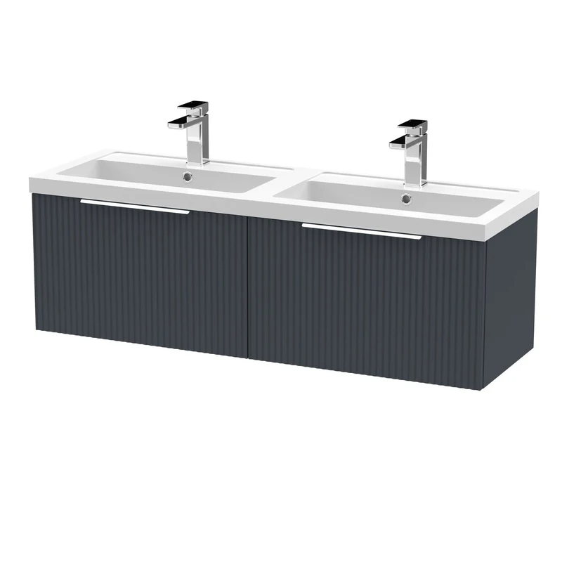 Hudson Reed Fluted Wall Hung 1200mm Vanity Unit With 2 Drawers & Twin Basin - Satin Anthracite
