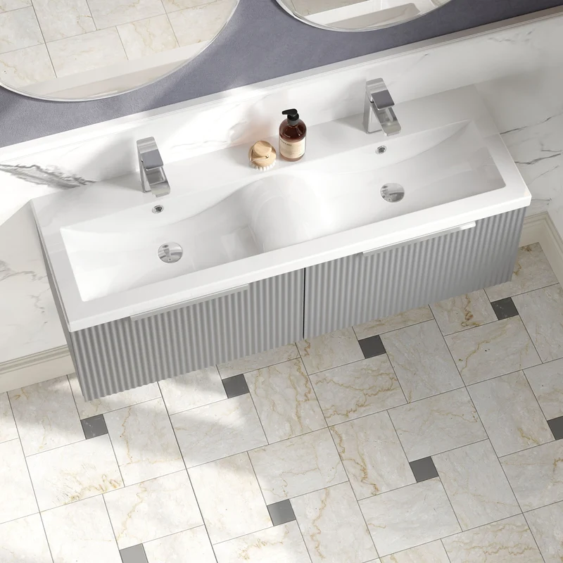Hudson Reed Fluted Wall Hung 1200mm Vanity Unit With 2 Drawers & Twin Basin - Satin Grey