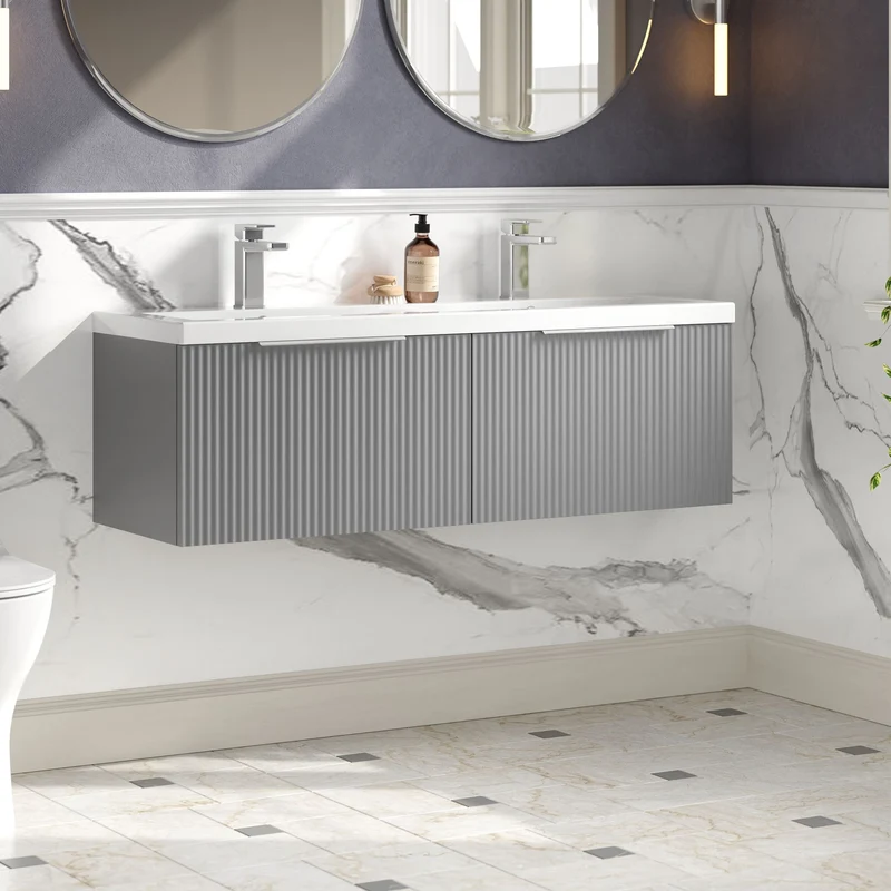 Hudson Reed Fluted Wall Hung 1200mm Vanity Unit With 2 Drawers & Twin Basin - Satin Grey