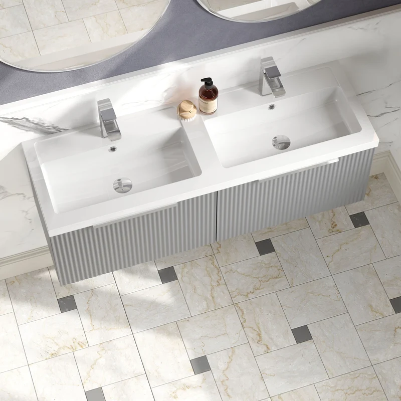 Hudson Reed Fluted Wall Hung 1200mm Vanity Unit With 2 Drawers & Twin Basin - Satin Grey