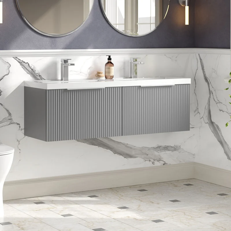 Hudson Reed Fluted Wall Hung 1200mm Vanity Unit With 2 Drawers & Twin Basin - Satin Grey