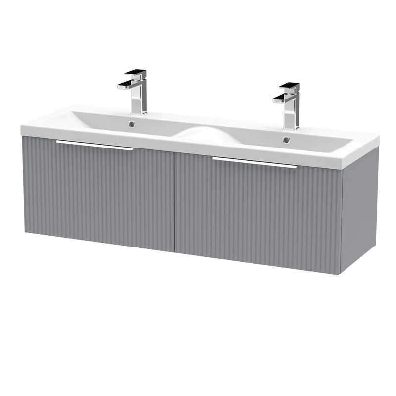 Hudson Reed Fluted Wall Hung 1200mm Vanity Unit With 2 Drawers & Twin Basin - Satin Grey