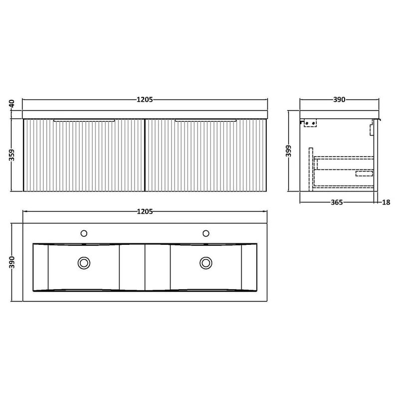 Hudson Reed Fluted Wall Hung 1200mm Vanity Unit With 2 Drawers & Twin Basin - Satin Grey