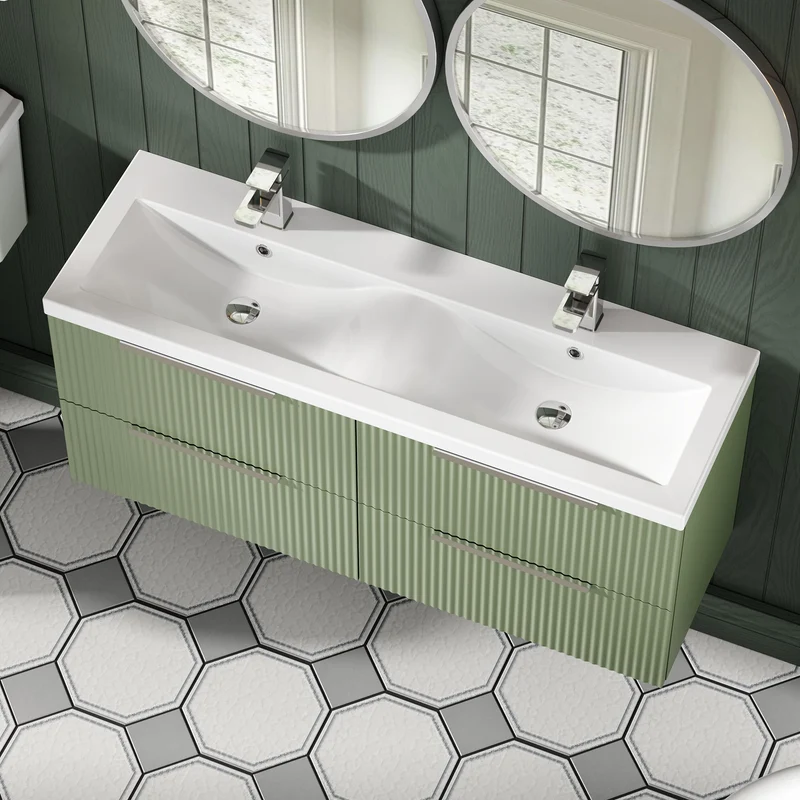 Hudson Reed Fluted Wall Hung 1200mm Vanity Unit With 4 Drawers & Twin Basin - Satin Green