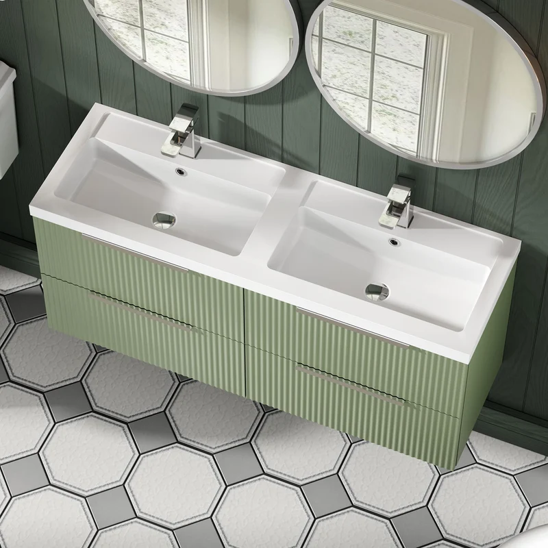 Hudson Reed Fluted Wall Hung 1200mm Vanity Unit With 4 Drawers & Twin Basin - Satin Green