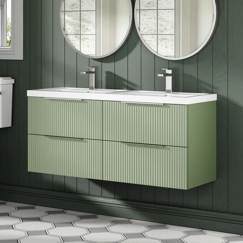 Hudson Reed Fluted Wall Hung 1200mm Vanity Unit With 4 Drawers & Twin Basin - Satin Green