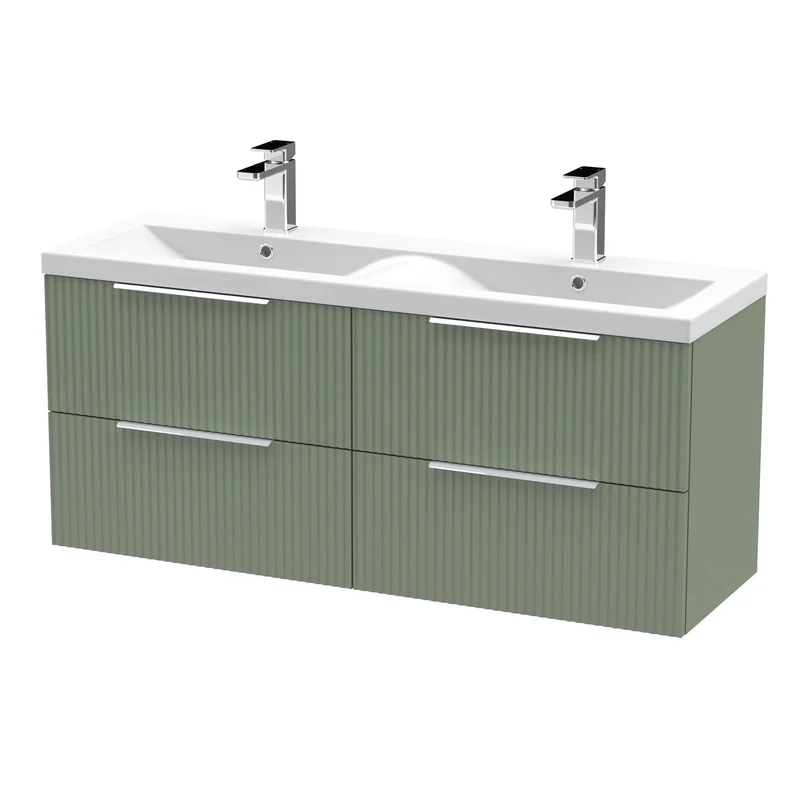 Hudson Reed Fluted Wall Hung 1200mm Vanity Unit With 4 Drawers & Twin Basin - Satin Green