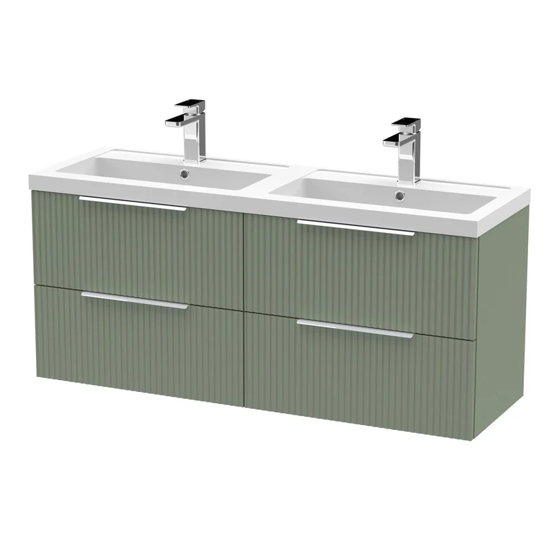 Hudson Reed Fluted Wall Hung 1200mm Vanity Unit With 4 Drawers & Twin Basin - Satin Green