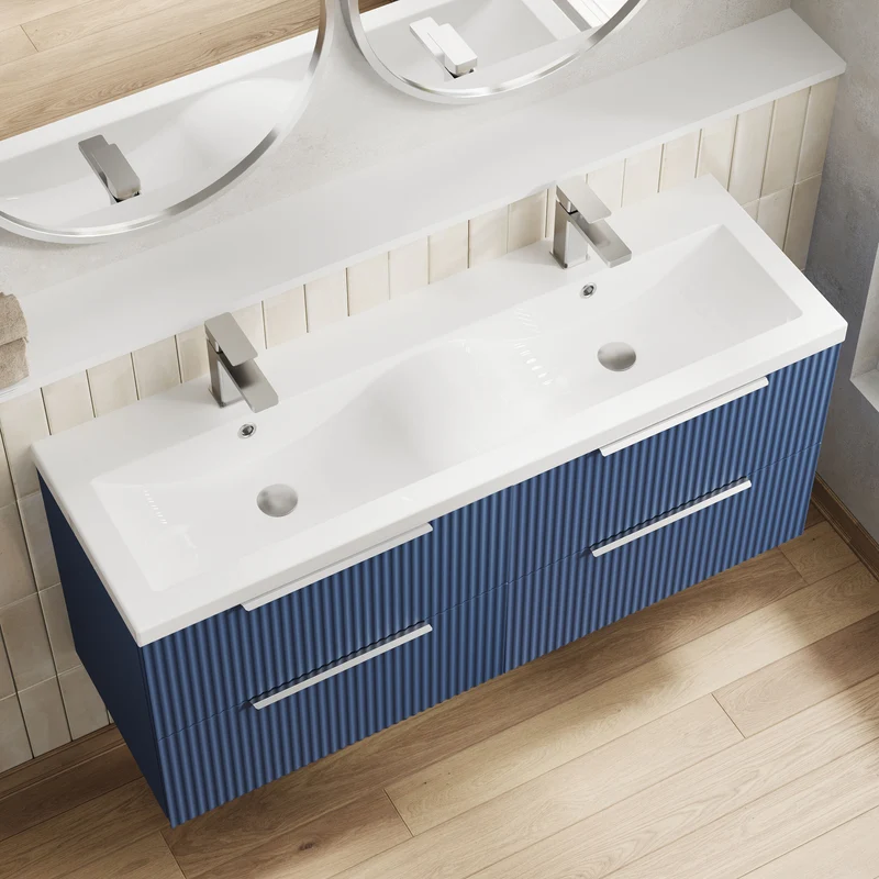 Hudson Reed Fluted Wall Hung 1200mm Vanity Unit With 4 Drawers & Twin Basin - Satin Blue