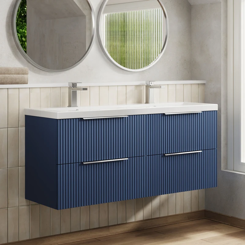 Hudson Reed Fluted Wall Hung 1200mm Vanity Unit With 4 Drawers & Twin Basin - Satin Blue