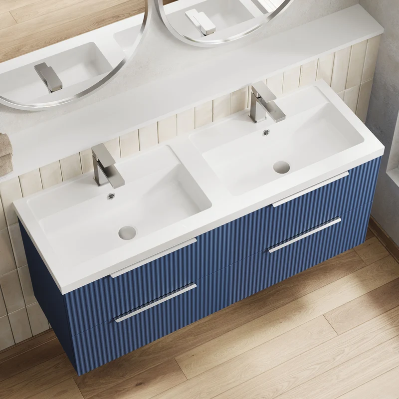 Hudson Reed Fluted Wall Hung 1200mm Vanity Unit With 4 Drawers & Twin Basin - Satin Blue