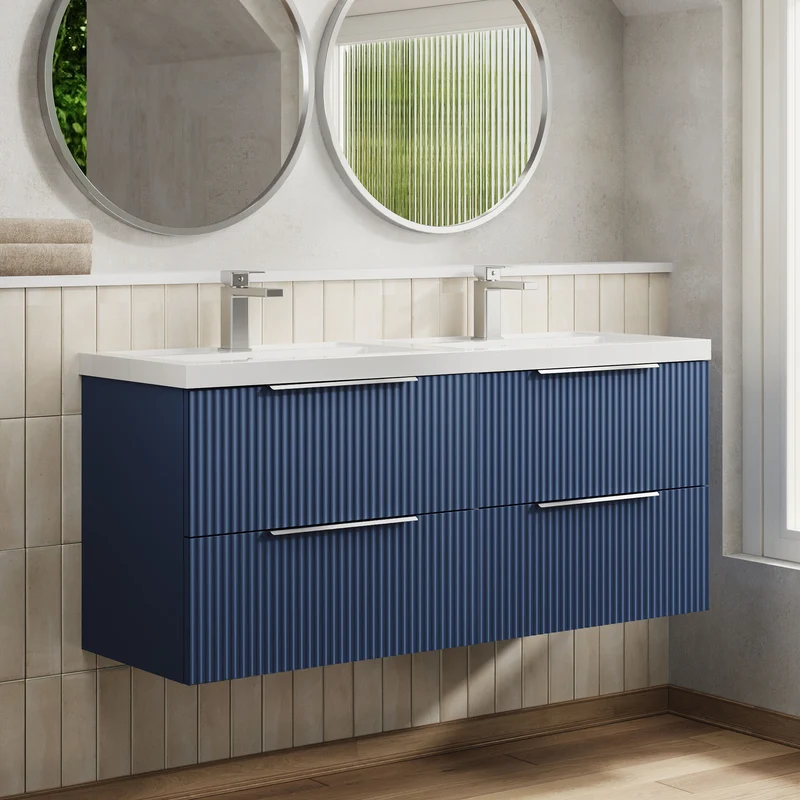 Hudson Reed Fluted Wall Hung 1200mm Vanity Unit With 4 Drawers & Twin Basin - Satin Blue