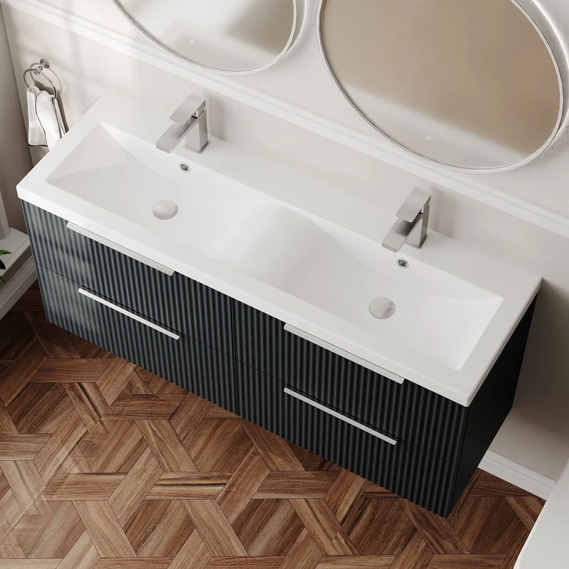Hudson Reed Fluted Wall Hung 1200mm Vanity Unit With 4 Drawers & Twin Basin - Satin Anthracite