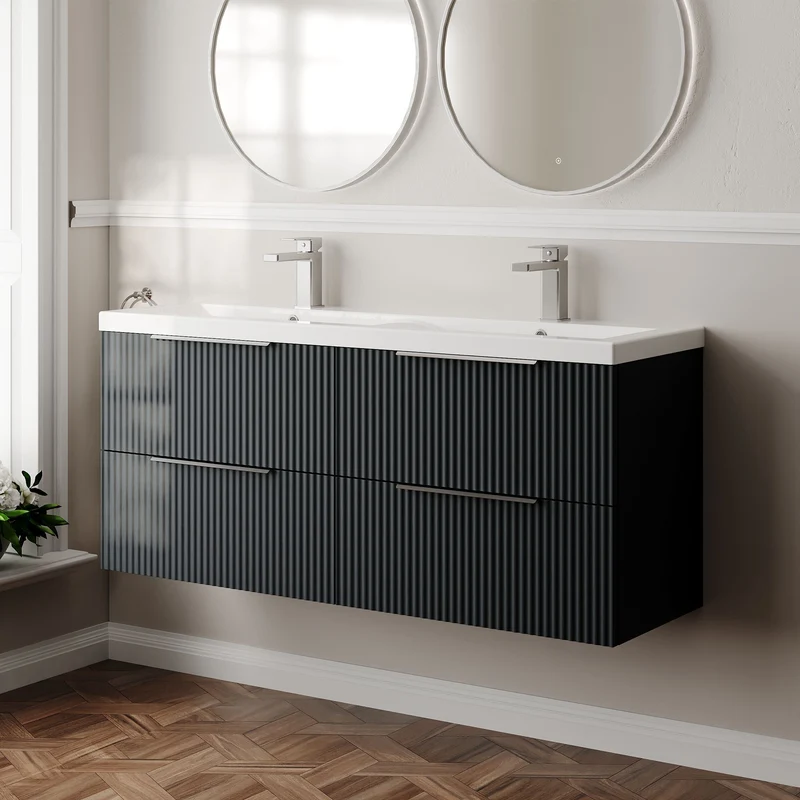 Hudson Reed Fluted Wall Hung 1200mm Vanity Unit With 4 Drawers & Twin Basin - Satin Anthracite