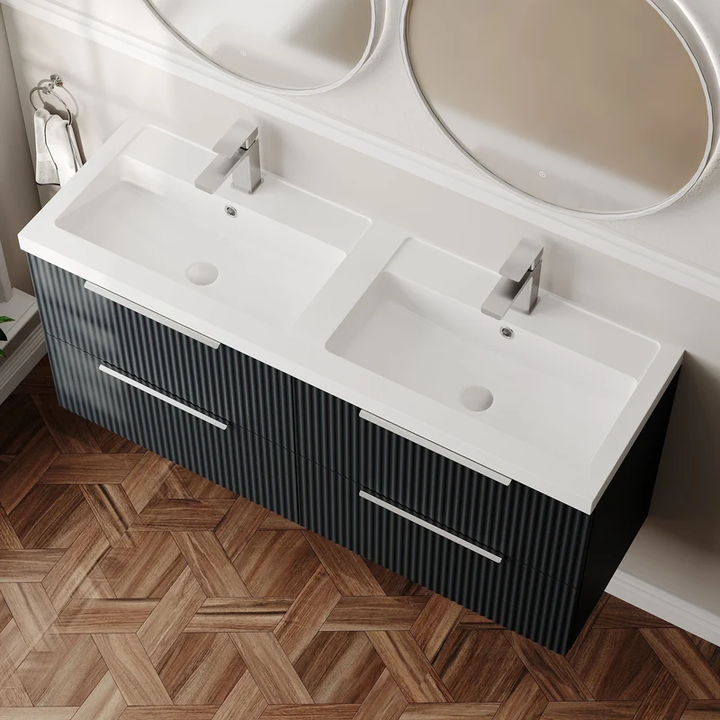 Hudson Reed Fluted Wall Hung 1200mm Vanity Unit With 4 Drawers & Twin Basin - Satin Anthracite