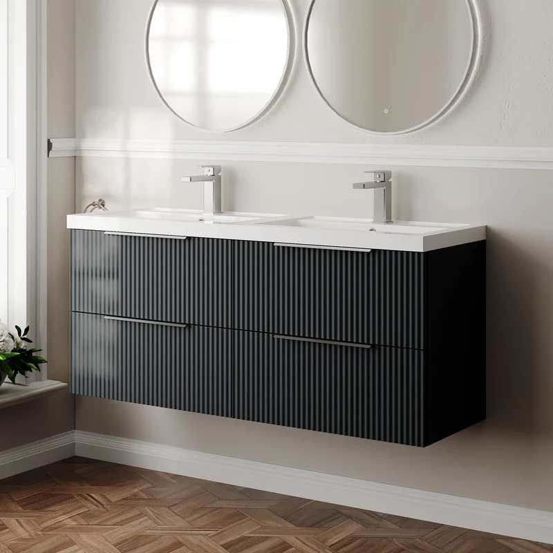 Hudson Reed Fluted Wall Hung 1200mm Vanity Unit With 4 Drawers & Twin Basin - Satin Anthracite
