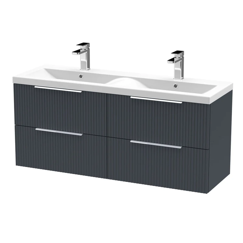 Hudson Reed Fluted Wall Hung 1200mm Vanity Unit With 4 Drawers & Twin Basin - Satin Anthracite