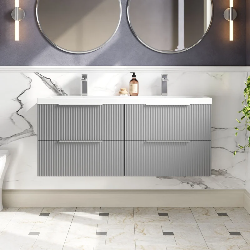 Hudson Reed Fluted Wall Hung 1200mm Vanity Unit With 4 Drawers & Twin Basin - Satin Grey