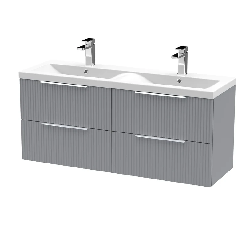 Hudson Reed Fluted Wall Hung 1200mm Vanity Unit With 4 Drawers & Twin Basin - Satin Grey