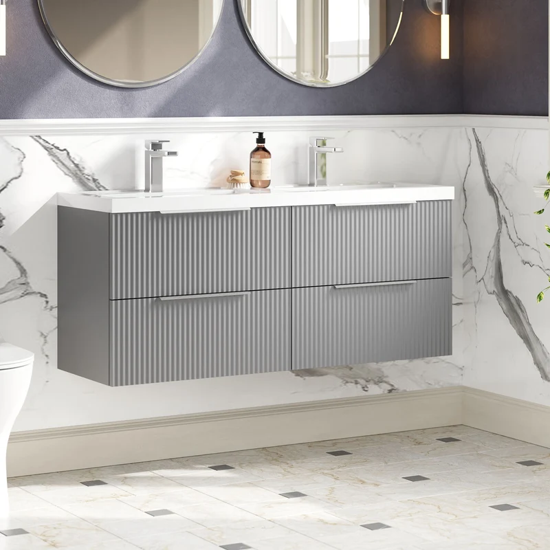 Hudson Reed Fluted Wall Hung 1200mm Vanity Unit With 4 Drawers & Twin Basin - Satin Grey