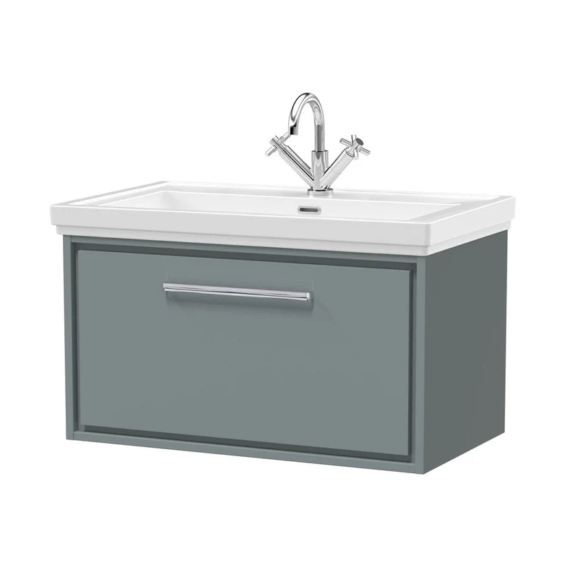 Hudson Reed Lille 800mm Wall Hung Single Drawer Vanity With Basin - 1 Tap Hole Contemp Coastal Grey Fireclay,MFC Smooth Matt 498x830x471mm